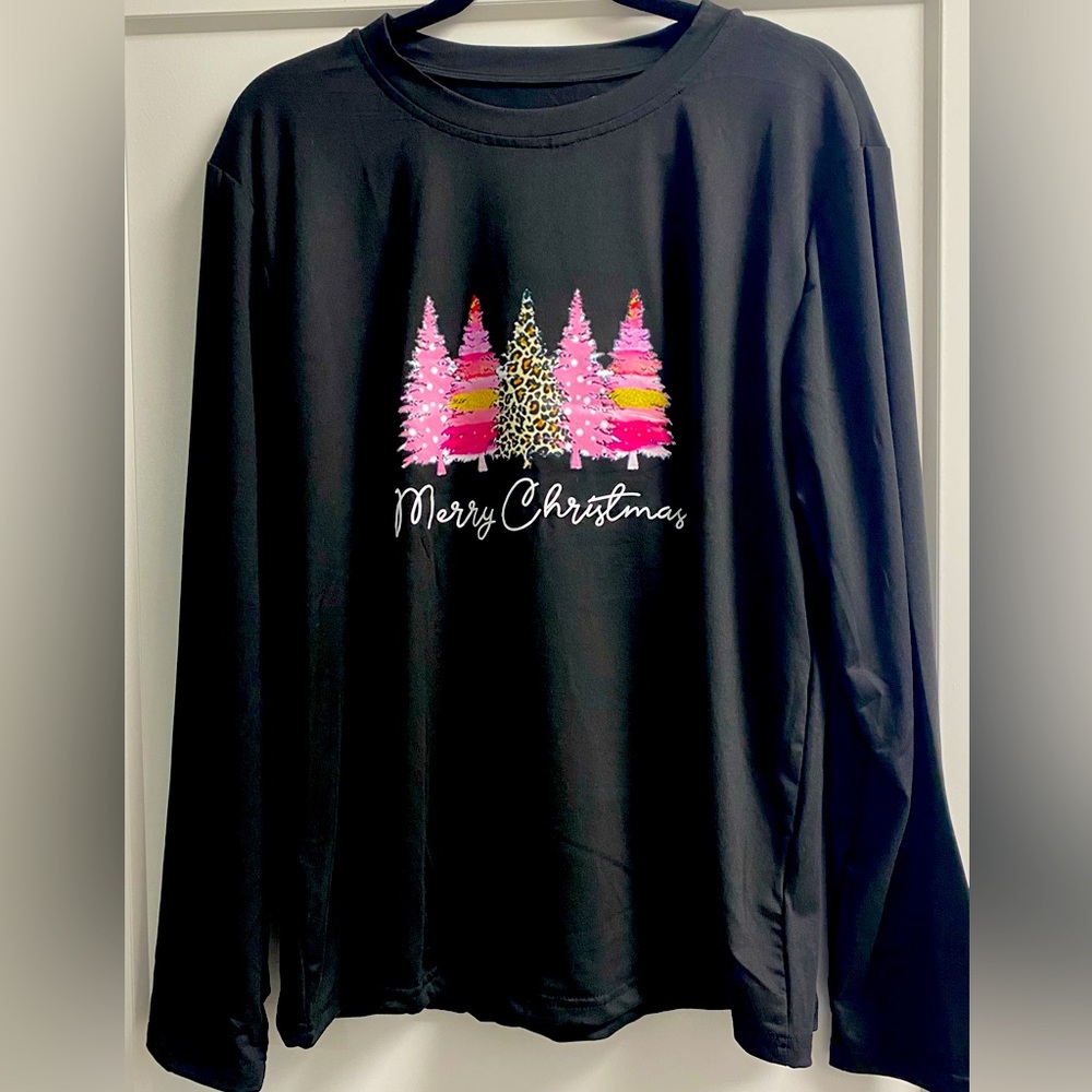 Womens Plus Black Long Sleeve Polyester Pink Christmas Tree Shirt Top 3X